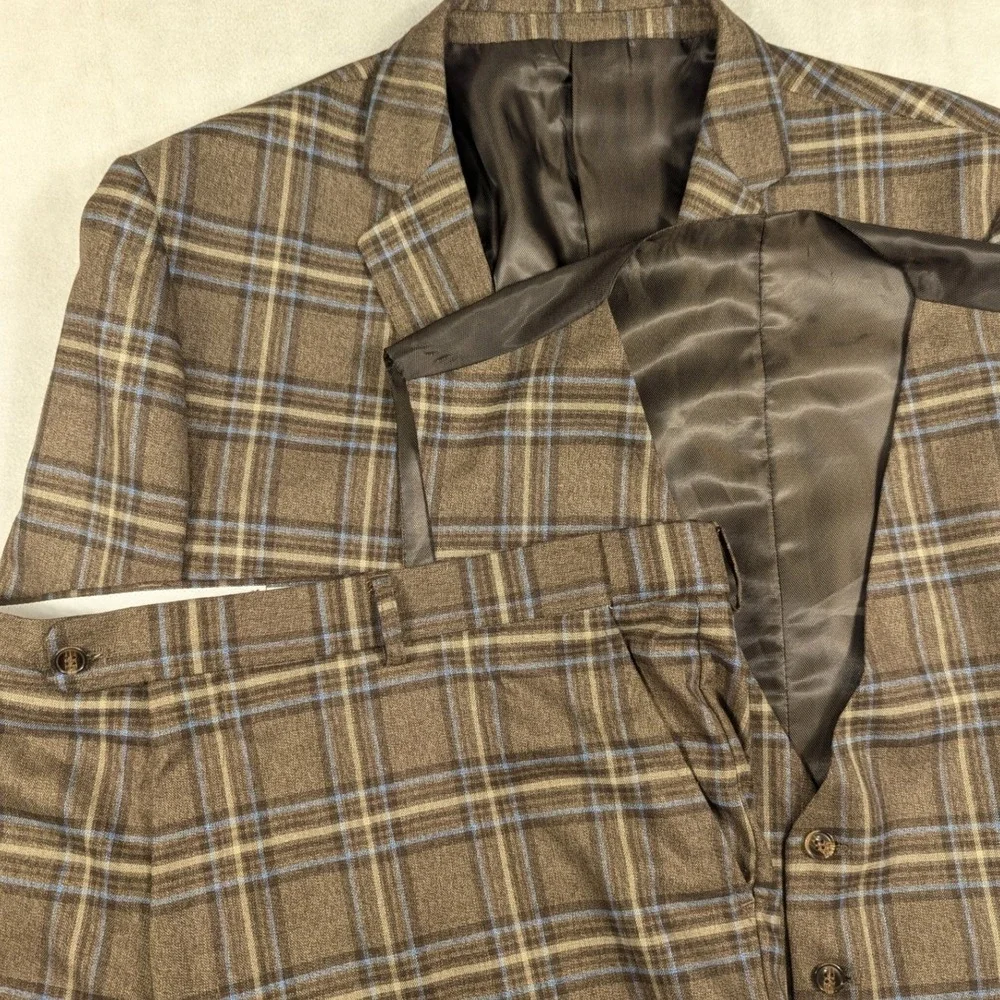 Alain Dupetit Mens 3 Piece Suit 48S 42W Woodhurst Plaid Brown Blue 2 Button Vest